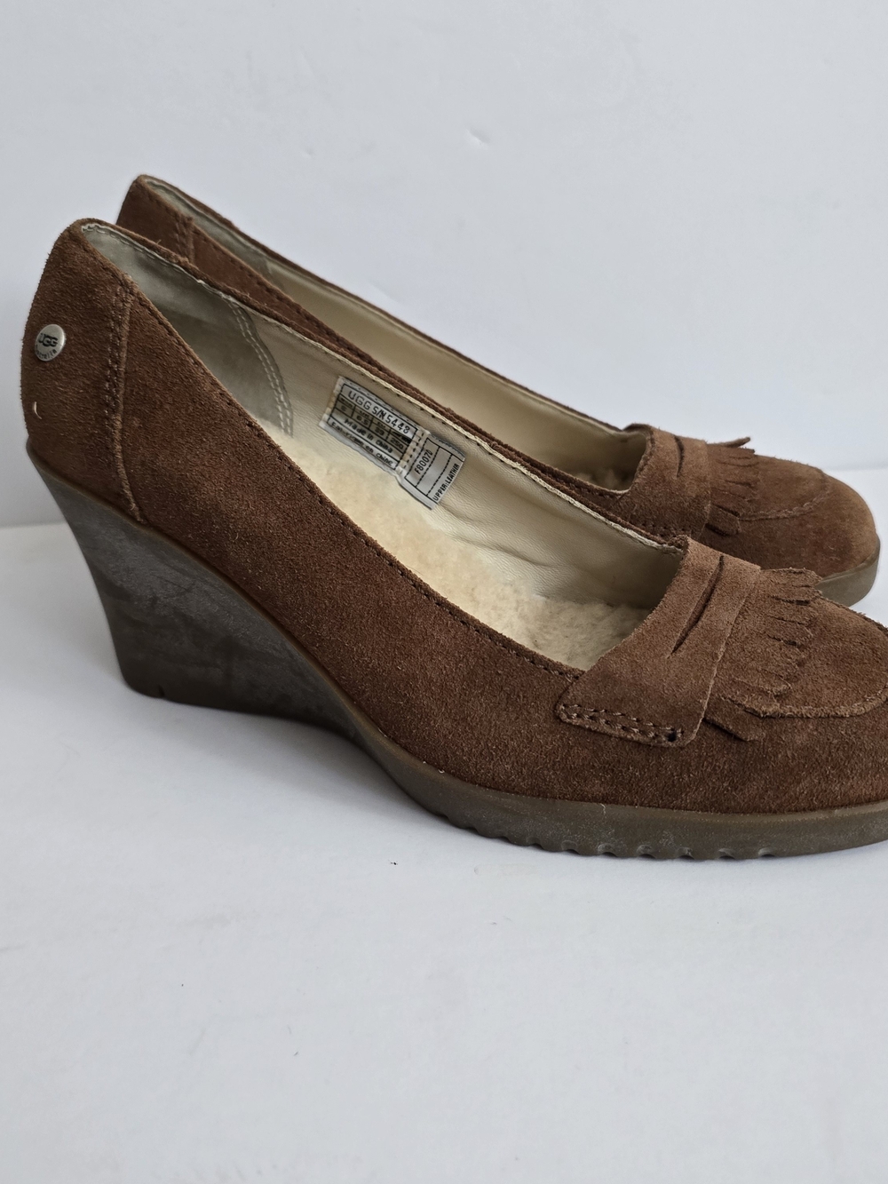 UGG Brown Suede Fringe Wedge Loafers